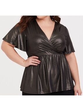 Torrid Metallic Silver Liquid Shine Surplice Wrap Peplum Top 4X Chic Glam Grunge
